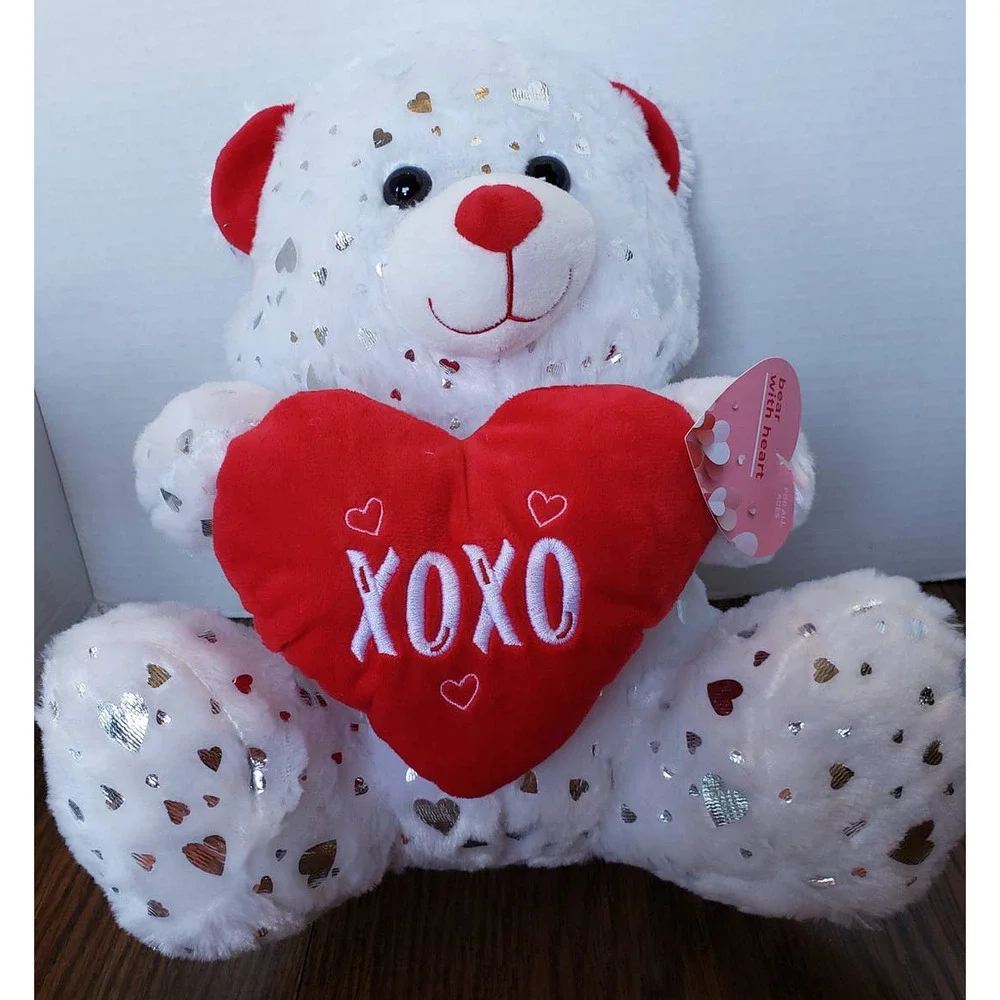 White With Silver Hearts 11 Inch Love Heart Plush Teddy Bear New With Tags